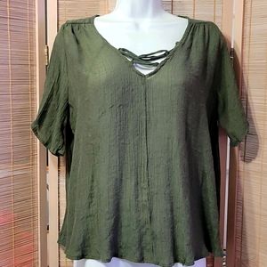 Olive green short sleeve lace front blouse